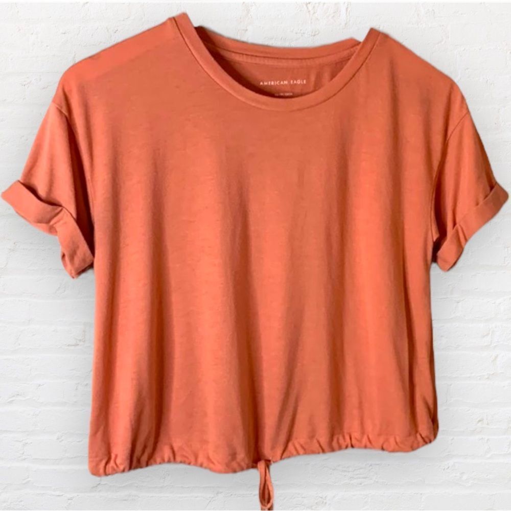 𝅺american Eagle crop top extra small cuffed sleeves ties at waist crewneck.